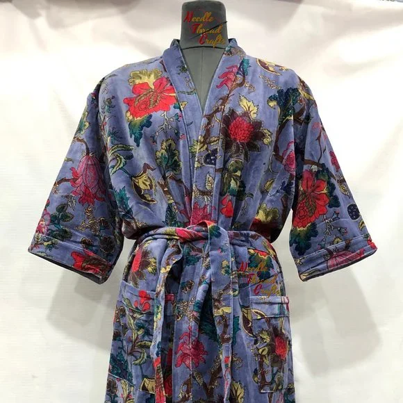 Floral Print Velvet Kimono Luxury Jacket, Party Boho Robe Lounge Wear - Unisex - Picture 8 of 16